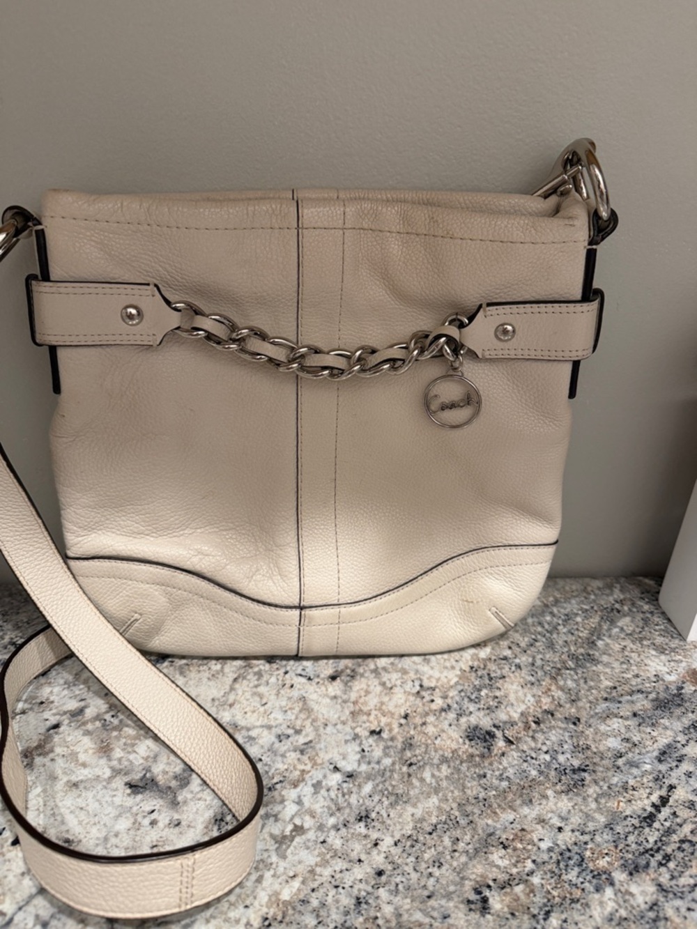 Coach Cream Pebbled Leather Shoulder Bag with Chain Accent